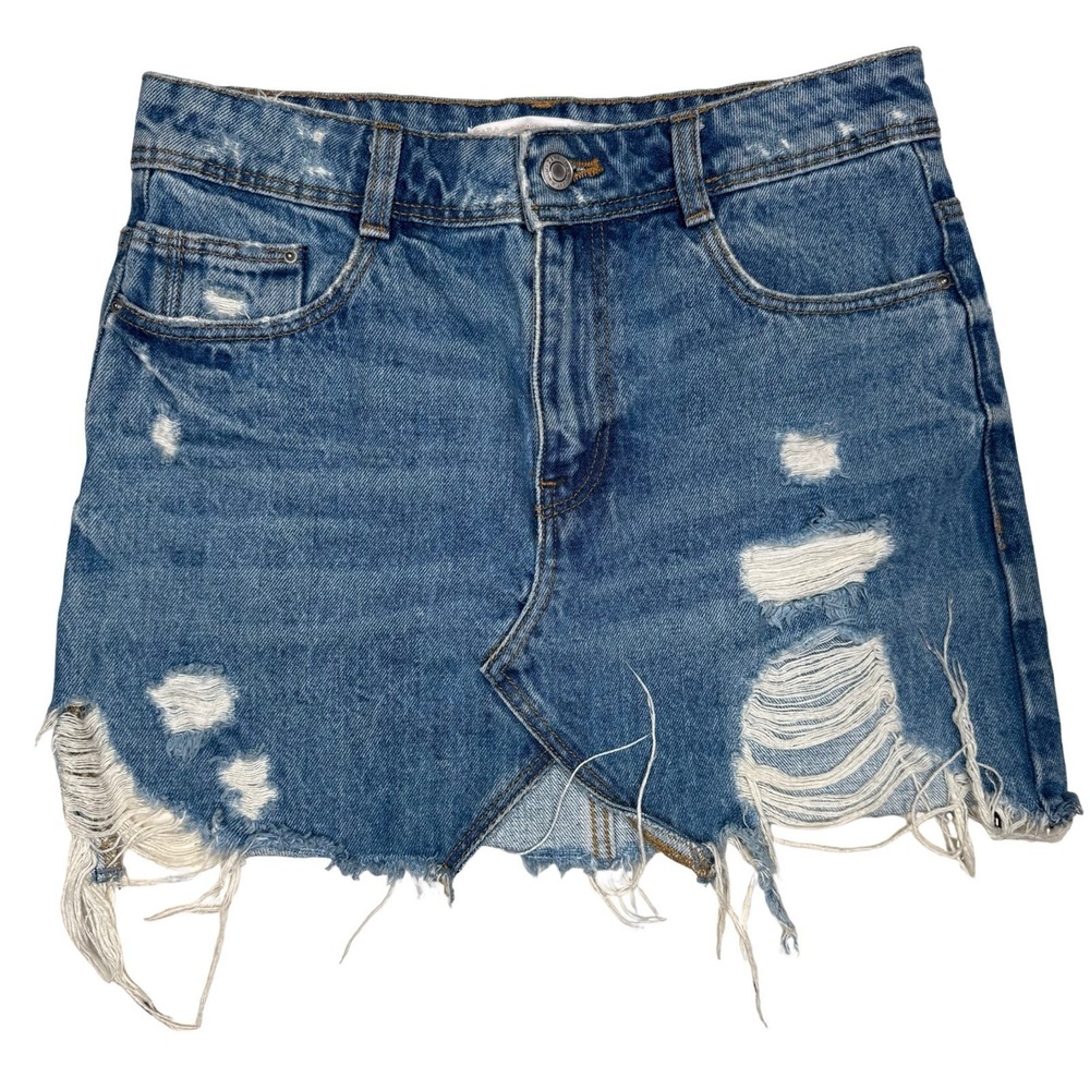 Zara Trafaluc Denim Blue Jean Mini Skirt XS Raw Hem Distressed